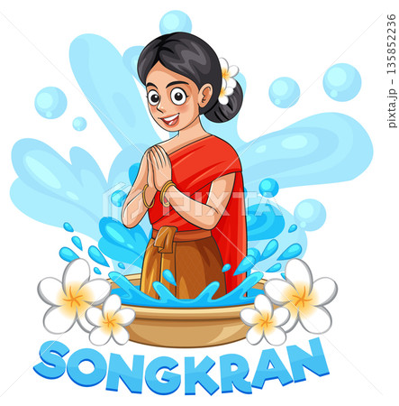 Thai Woman in Traditional Dress Celebrating Songkran Festival with Water Splash 135852236