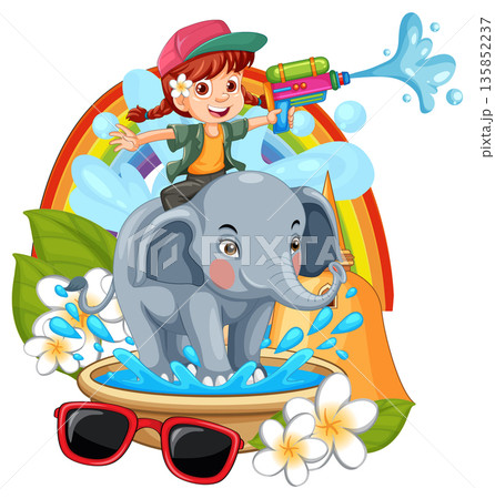 Cartoon Girl Riding Elephant Playing with Water Gun for Songkran Festival 135852237