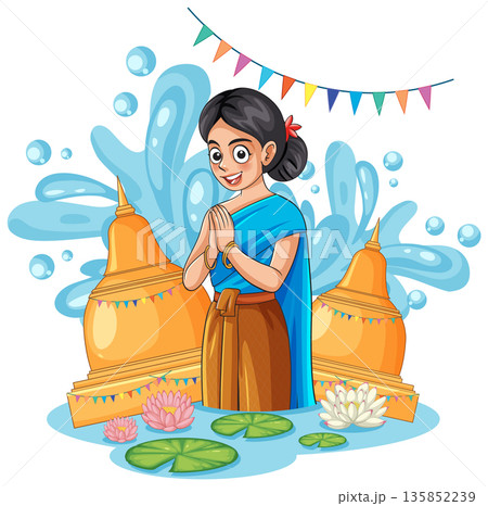 Thai Woman in Traditional Dress Celebrating Songkran Festival with Water Splashes 135852239