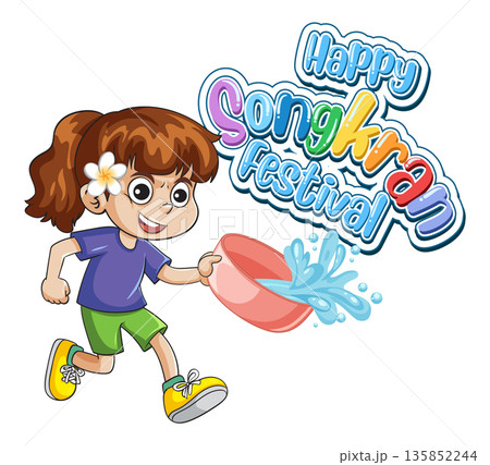 Cartoon Girl Splashing Water for Happy Songkran Festival Celebration 135852244