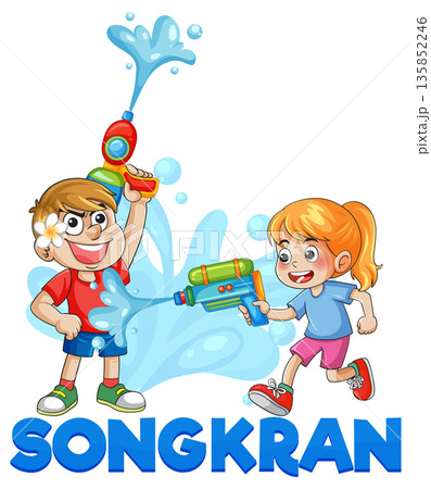 Children Playing with Water Guns During Songkran Festival Celebration Illustration 135852246