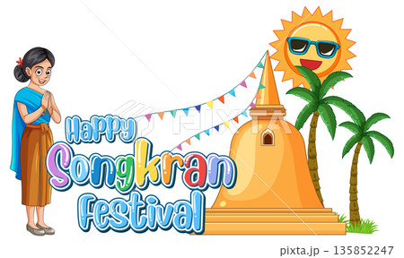 Happy Songkran Festival Vector Illustration with Thai Woman and Pagoda Happy Songkran Festival Vector Illustration with Thai Woman and Pagoda 135852247