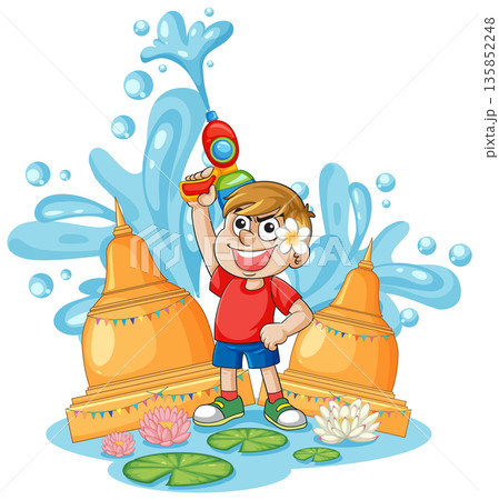 Cartoon Boy Celebrating Songkran Festival with Water Gun and Golden Pagodas Cartoon Boy Celebrating Songkran Festival with Water Gun and Golden Pagodas 135852248