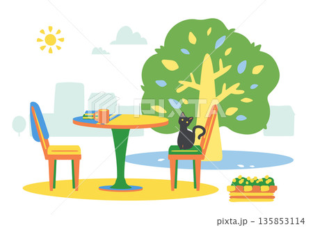 屋外カフェテーブルとねこ 屋外カフェテーブルとねこ 135853114