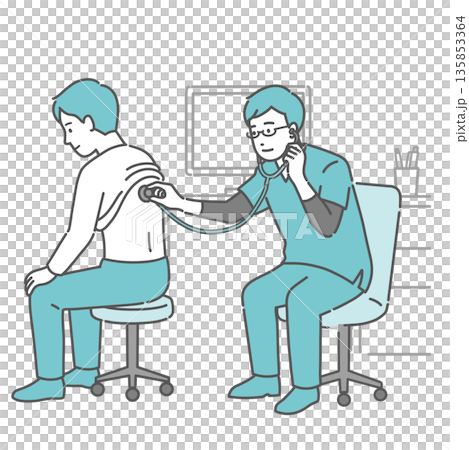Illustration of a male doctor wearing a scrub auscultating a man's back 135853364