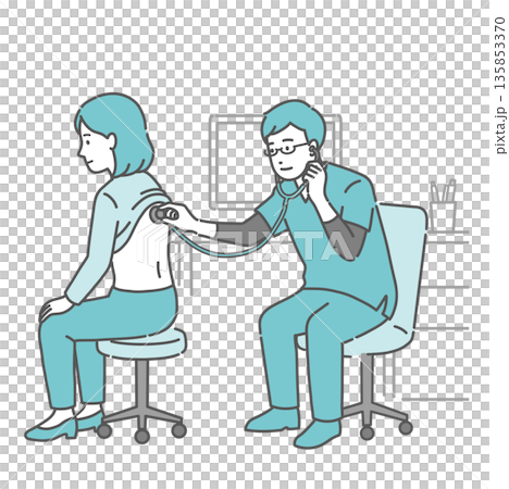 Illustration of a male doctor wearing a scrub auscultating a woman's back 135853370