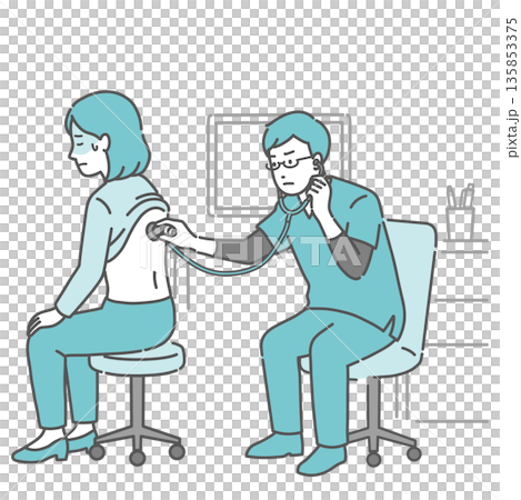 Illustration of a woman with a cold sweat receiving a stethoscope on her back and a male doctor in a scrub with a serious expression Illustration of a woman with a cold sweat receiving a stethoscope on her back and a male doctor in a scrub with a serious expression 135853375