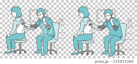 Illustration set of a male doctor wearing a scrub examining a woman's back (normal, abnormal, unwell) 135853380