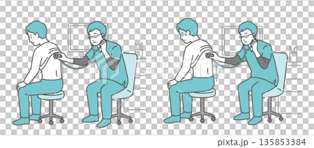 Illustration set of auscultation of a man's back by a male doctor wearing a scrub (normal, abnormal, unwell) Illustration set of auscultation of a man's back by a male doctor wearing a scrub (normal, abnormal, unwell) 135853384