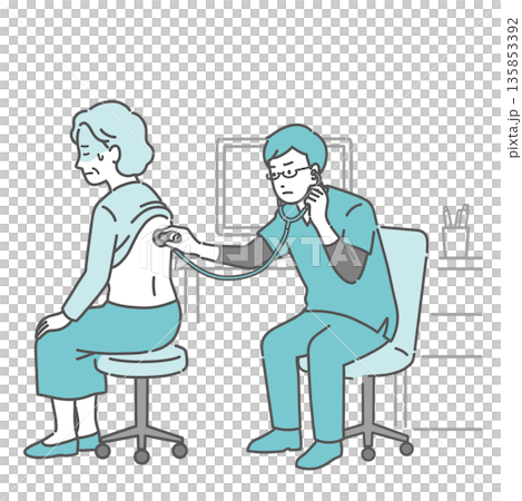 Illustration of a sweaty elderly woman receiving a stethoscope on her back and a male doctor in a scrub with a serious expression 135853392