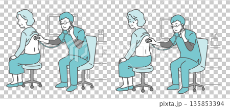 一組插圖,描繪了一位身穿手術服的男醫生為一位老年婦女聽診背部(正常、異常、健康狀況不佳) 一組插圖,描繪了一位身穿手術服的男醫生為一位老年婦女聽診背部(正常、異常、健康狀況不佳) 135853394
