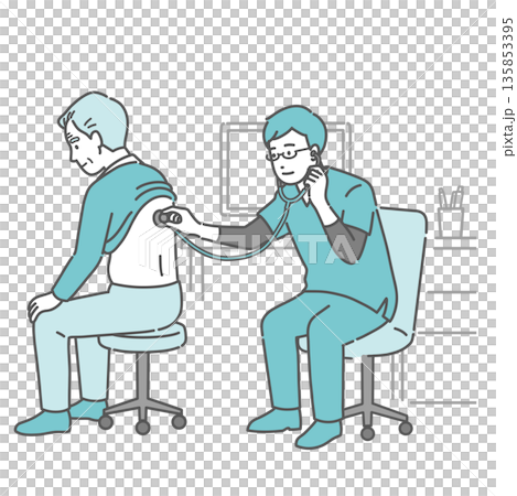 Illustration of a male doctor wearing a scrub auscultating an elderly man's back 135853395