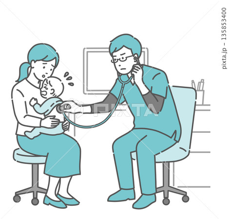 スクラブを着用した男性医師による泣いている赤ちゃんの背中の聴診イラスト スクラブを着用した男性医師による泣いている赤ちゃんの背中の聴診イラスト 135853400