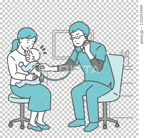 スクラブを着用した男性医師による泣いている赤ちゃんの背中の聴診イラスト スクラブを着用した男性医師による泣いている赤ちゃんの背中の聴診イラスト 135853400
