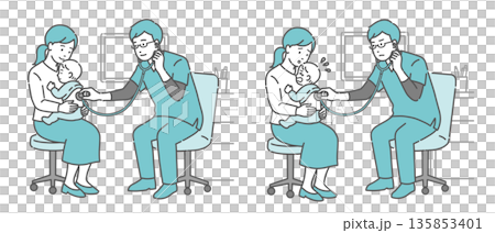 Illustration set of a male doctor wearing a scrub auscultating a baby's back (smiling and crying) Illustration set of a male doctor wearing a scrub auscultating a baby's back (smiling and crying) 135853401