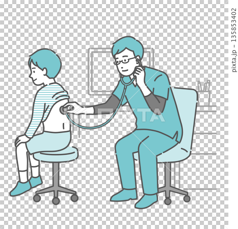 Illustration of a male doctor wearing a scrub listening to a boy's back 135853402