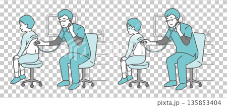 スクラブを着用した男性医師による男の子の背中の聴診イラストセット（正常・異常/体調不良） 135853404