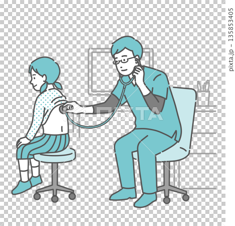 Illustration of a male doctor wearing a scrub auscultating a girl's back 135853405