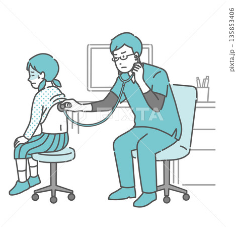 背中の聴診を受ける冷や汗をかいた女の子と深刻な表情のスクラブの男性医師のイラスト 135853406
