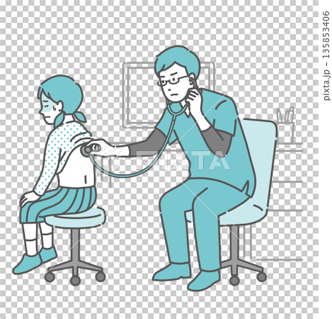 Illustration of a girl with a cold sweat receiving a stethoscope on her back and a male doctor in a scrub with a serious expression 135853406