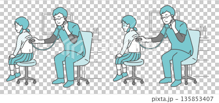 Illustration set of a male doctor wearing a scrub examining a girl's back (normal, abnormal, unwell) Illustration set of a male doctor wearing a scrub examining a girl's back (normal, abnormal, unwell) 135853407