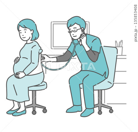 スクラブを着用した男性医師による妊婦の背中の聴診イラスト スクラブを着用した男性医師による妊婦の背中の聴診イラスト 135853408