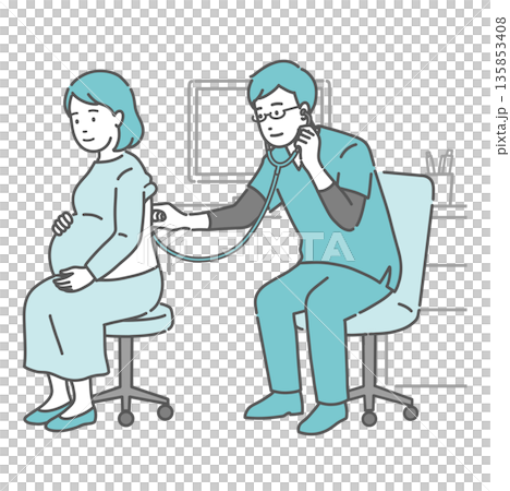 Illustration of a male doctor wearing a scrub listening to a pregnant woman's back Illustration of a male doctor wearing a scrub listening to a pregnant woman's back 135853408