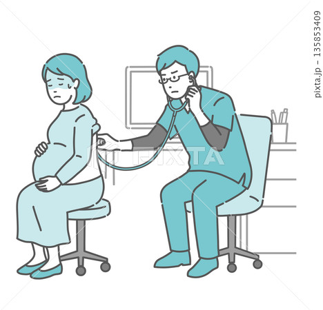 背中の聴診を受ける冷や汗をかいた妊婦と深刻な表情のスクラブの男性医師のイラスト 135853409