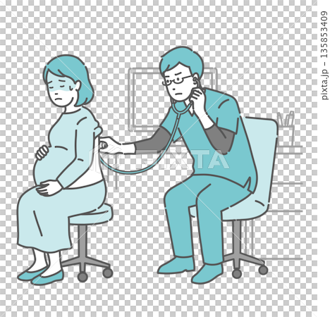 背中の聴診を受ける冷や汗をかいた妊婦と深刻な表情のスクラブの男性医師のイラスト 135853409