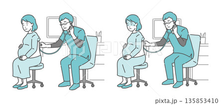 スクラブを着用した男性医師による妊婦の背中の聴診イラストセット（正常・異常/体調不良） 135853410