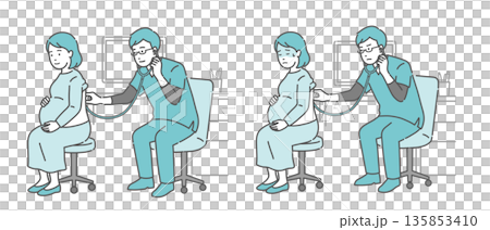 スクラブを着用した男性医師による妊婦の背中の聴診イラストセット（正常・異常/体調不良） 135853410