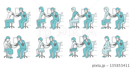 スクラブを着用した男性医師による背中の聴診イラストセット（老若男女・妊婦） 135853411