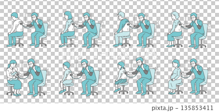 スクラブを着用した男性医師による背中の聴診イラストセット（老若男女・妊婦） 135853411