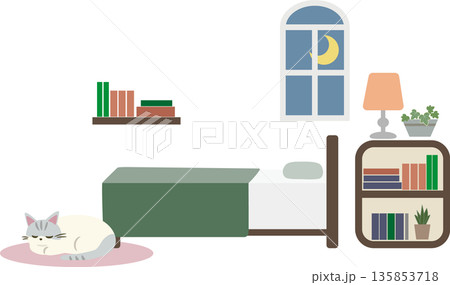月明かりの寝室イラスト｜丸まる猫と本棚のある静かな部屋 135853718