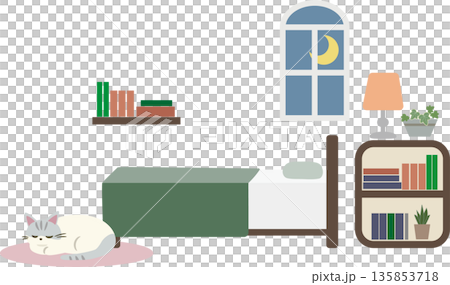 月明かりの寝室イラスト｜丸まる猫と本棚のある静かな部屋 135853718