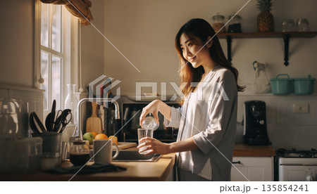 朝のキッチンで水を注ぎ微笑む20代の女性モデル 135854241