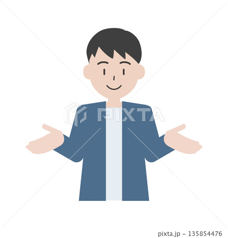 両手で説明する男性の人物イラスト　案内や紹介のポーズ 135854476
