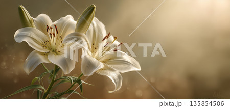 穏やかな光に包まれる白いユリ|ベージュトーンの背景 穏やかな光に包まれる白いユリ|ベージュトーンの背景 135854506