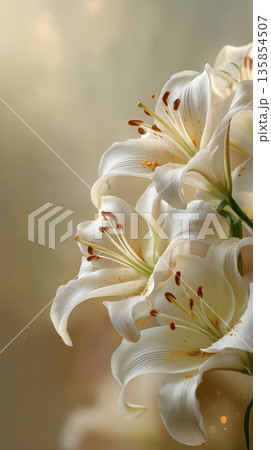 穏やかな光に包まれる白いユリ｜ベージュトーンの背景 135854507