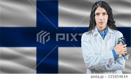 Finnish national health system, Medical professional on Finland flag background 135854634
