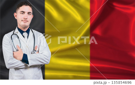 Portrait of medical professional on Belgium flag background. Belgian national health system Portrait of medical professional on Belgium flag background. Belgian national health system 135854696