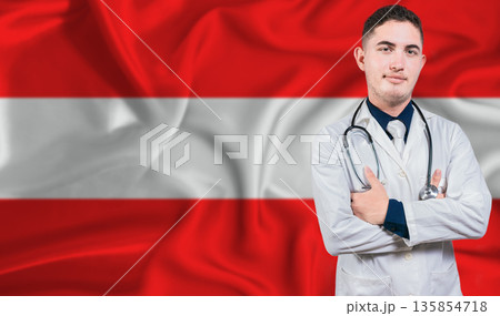 Portrait of medical professional on Austria flag background. Austrian national health system 135854718