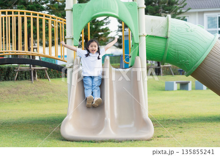 Happy child sliding down playground slide with arms raised, enjoying outdoor playtime on sunny day in community park surrounded by green grass 135855241