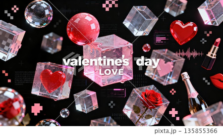 Valentine's Day Romantic Ad Poster, featuring heart, rose, lipstick, champagne, heart lock and cyber cubes sphere love decorations 135855366