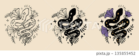 Mystical Snake with and Flowers Plants Set. Isolated Outline Black, Color Textured Hand Drawings. Floral Kundalini for occult, esoteric design, symbolizing transformation. Vector Illustration. Not AI 135855452