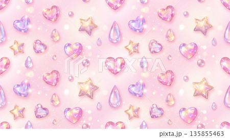 キラキラしたハートと星の宝石のイラストパターン背景 135855463