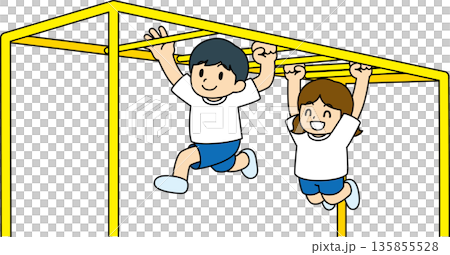 孩子們在單槓上鍛鍊。 135855528