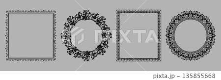Set of decorative frames Elegant vector element for design in Eastern style, place for text. Floral black and gray borders. Lace illustration for invitations and greeting cards 135855668