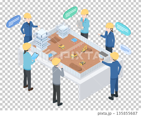 People holding a meeting while checking the status of the construction site 135855687