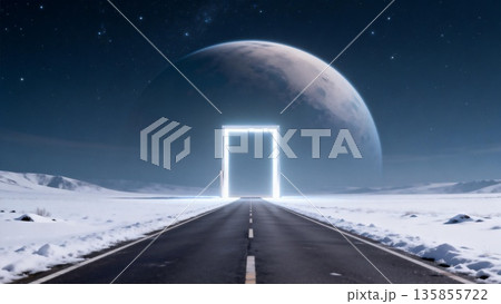 winter landscape with a road on a snowy landscape 135855722